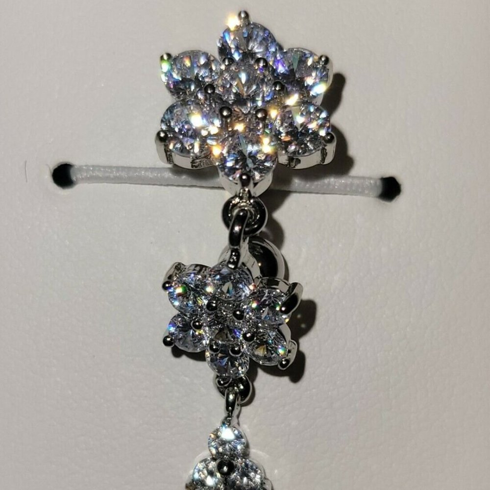 Flower w/ Round CZ Fancy Belly Button Ring Titanium Shaft/Rhodium Plated Clear